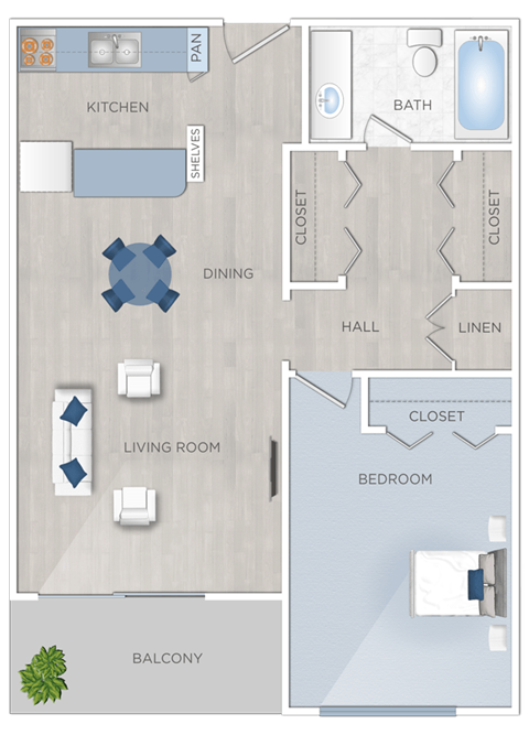 Floor plan for 1 bed, 1 bath, 566 sqft